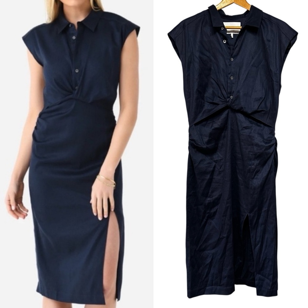 FRAME Twist-Front Linen-Blend Midi Dress Cap Sleeve Side Slit Navy Blue Large